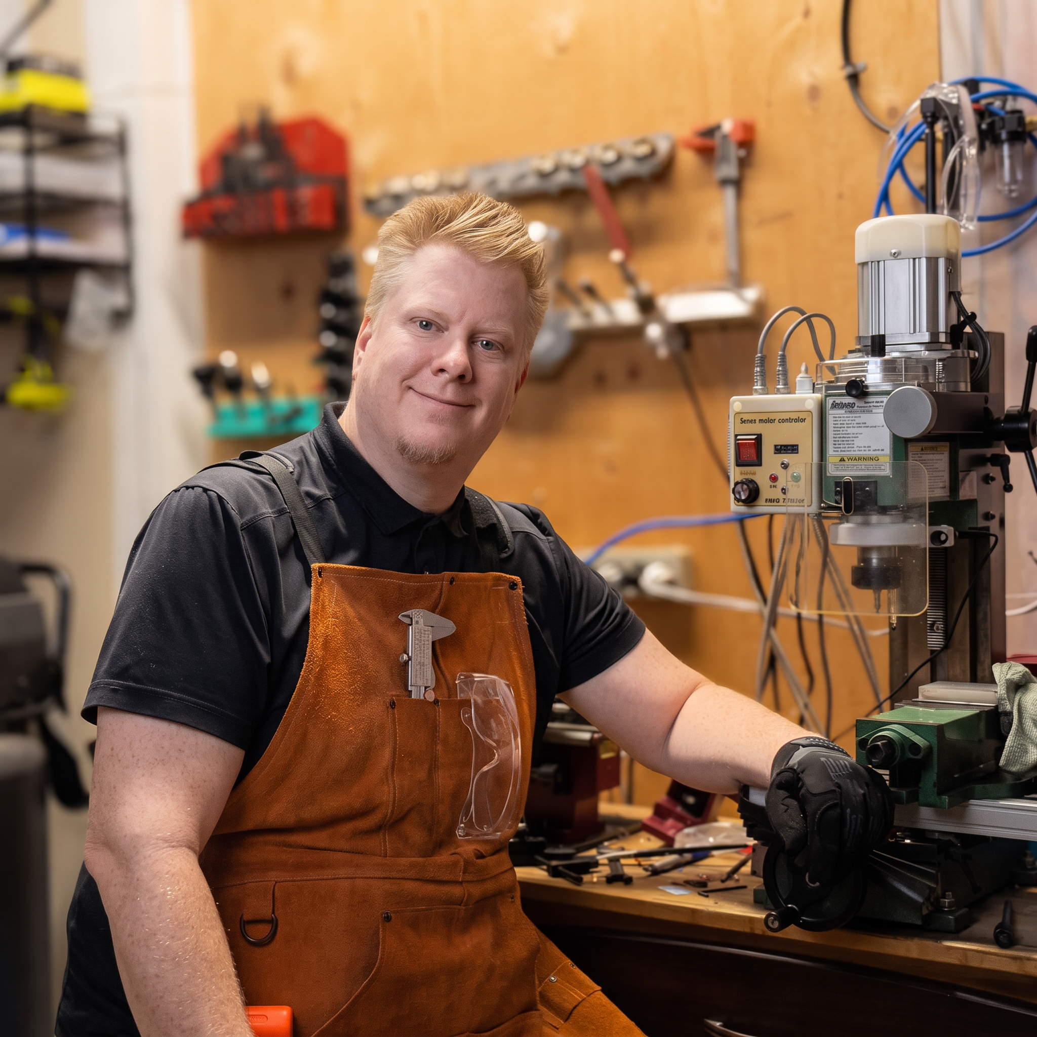 Nicholas Linn at the bench in the Linn & North workshop, wearing a leather apron beside the lathe