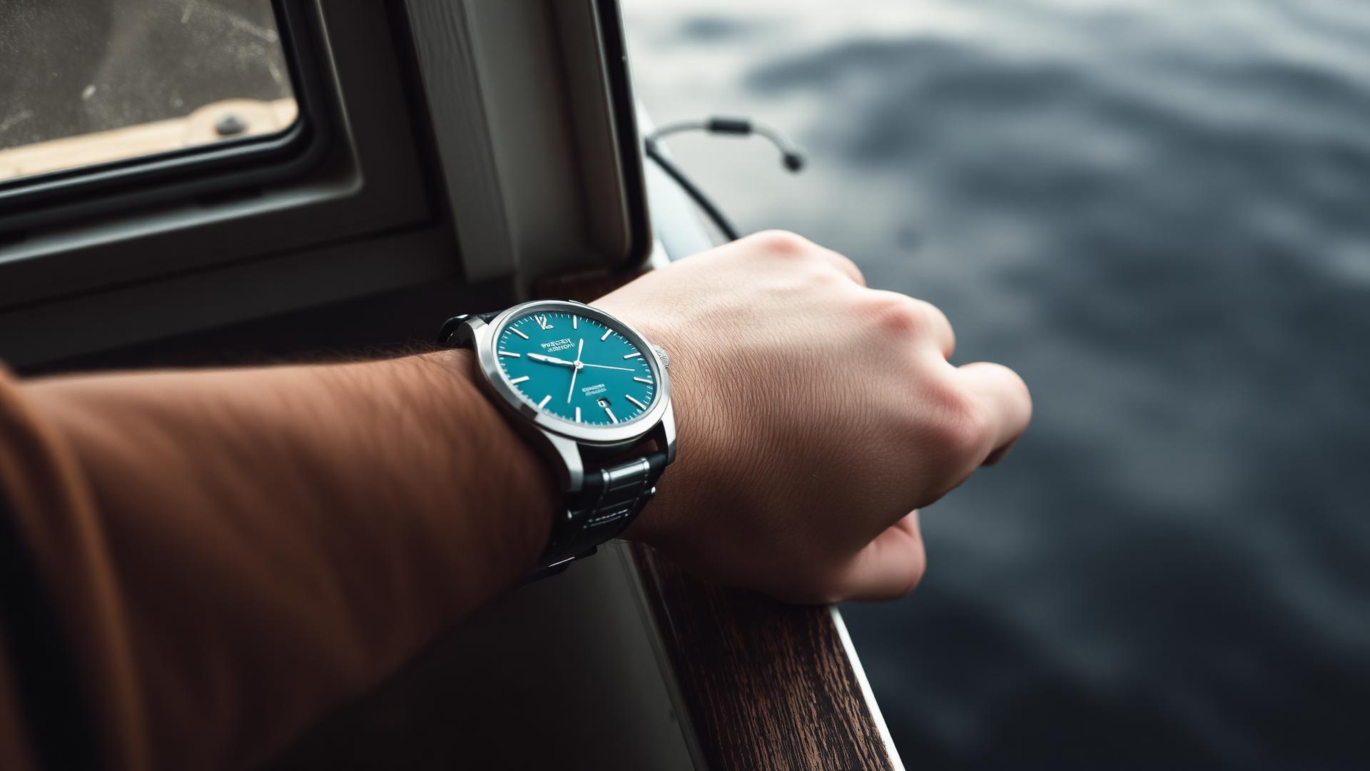 A Linn & North teal-dial timepiece worn on the wrist above cold northern water